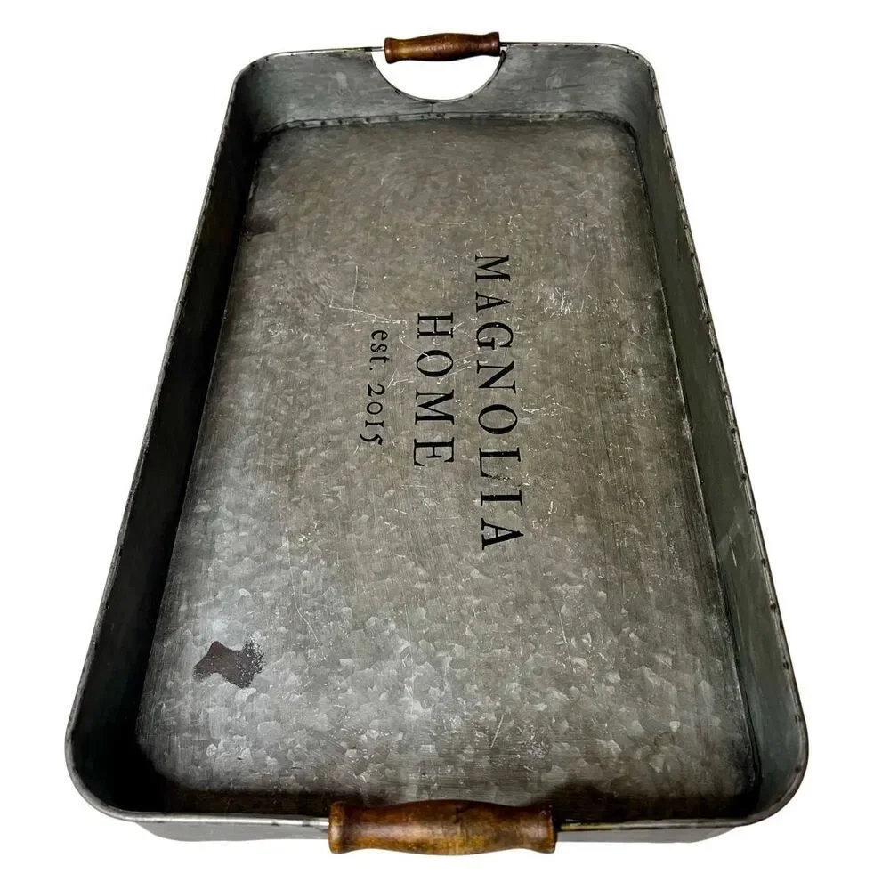 Magnolia Farms Galvanized Tin Metal Tray w/ Wood Handles - Farmhouse - J Gaines